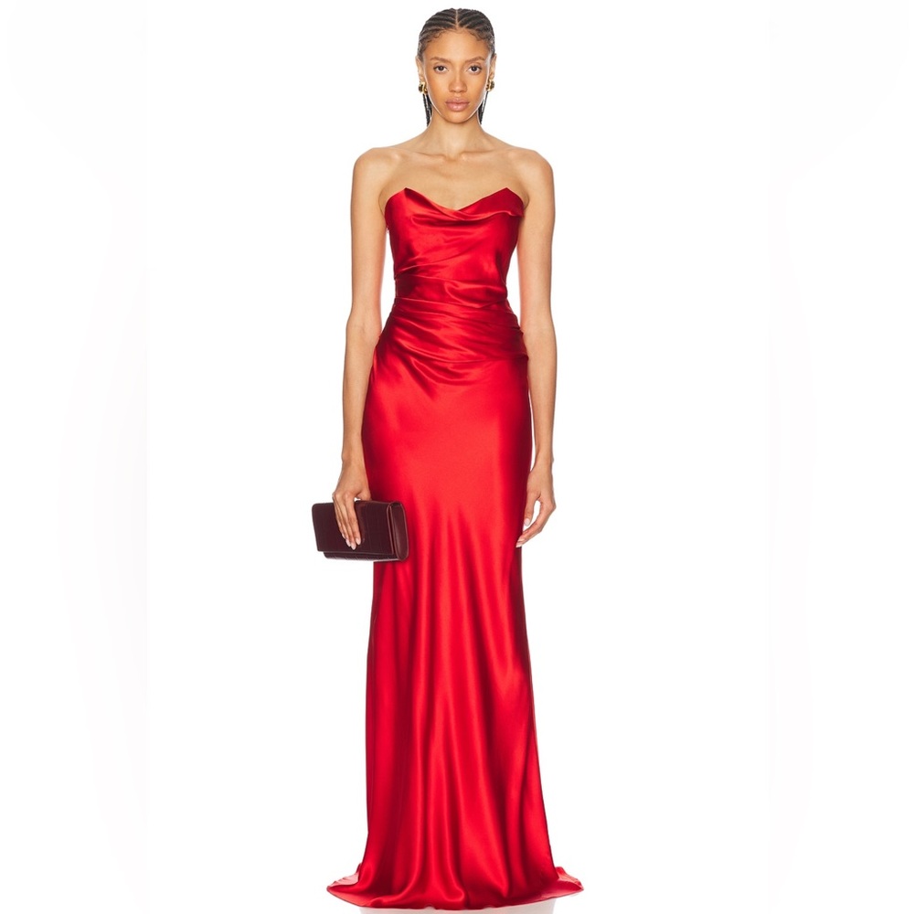 The Sei Cowl Bustier Gown strapless maxi red